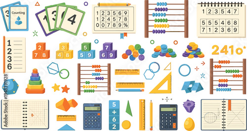 Vector Set of Math Learning Tools with Abacus, Numbers, Calculator, Counting Blocks, Rulers, and Geometry Shapes for Children Education