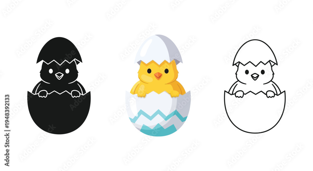 Obraz premium Cute baby chick hatching from egg set, vector illustration of little bird in shell, flat design, line art and silhouette