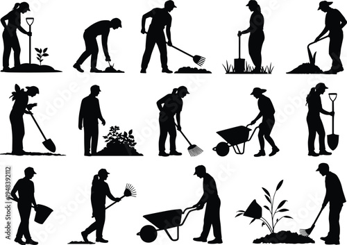 Gardener and landscaping worker silhouettes collection, people planting, digging soil, raking leaves, pushing wheelbarrow, garden maintenance, agriculture labor, black silhouette vector set