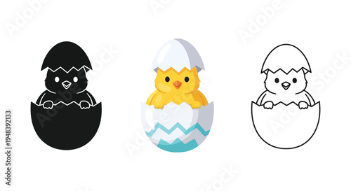 Cute baby chick hatching from egg set, vector illustration of little bird in shell, flat design, line art and silhouette