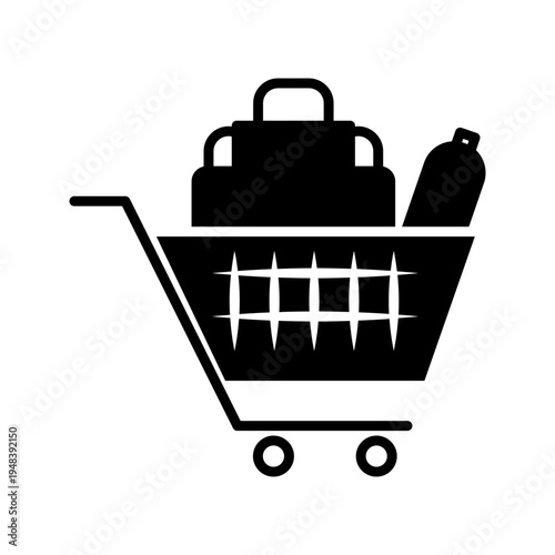  Line icon of shopping cart filled with groceries and products representing retail shopping, supermarket purchase, and ecommerce grocery delivery.