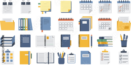 Vector Set of Office Stationery and Organization Icons with Calendars, Notebooks, Folders, Documents, Clipboards, and Workplace Productivity Tools