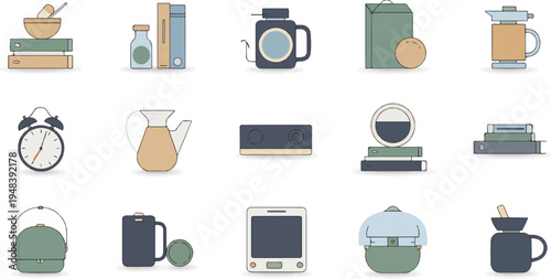 Collection of flat icon illustrations kitchenware, books, and timekeeping devices