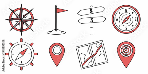 a set of navigation icons including compasses and map markers Vector