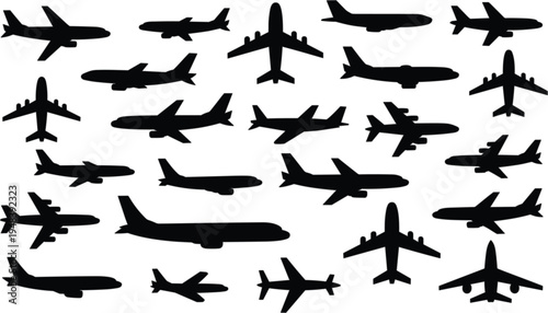 Comprehensive collection of airplane vector silhouettes featuring side and top views of commercial airliners and private jets for aviation transport.