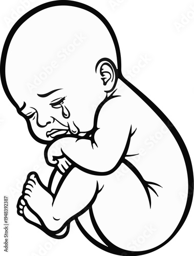Crying baby illustration, fetal position, tears, sad emotion