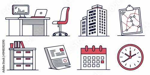 a collection of office icons and symbols for business and productivity Vector