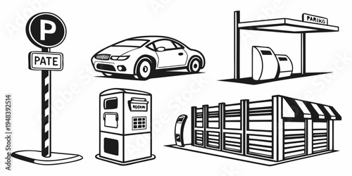 a parking lot with a car and parking meter Vector