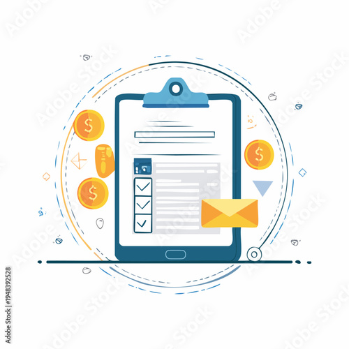 Smartphone with checklist and money.