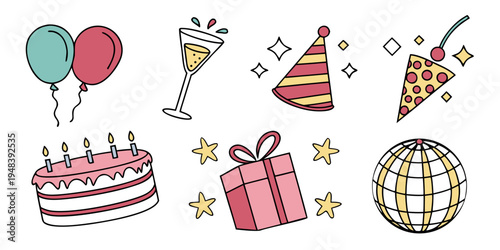 a set of party objects including balloons and cake Vector