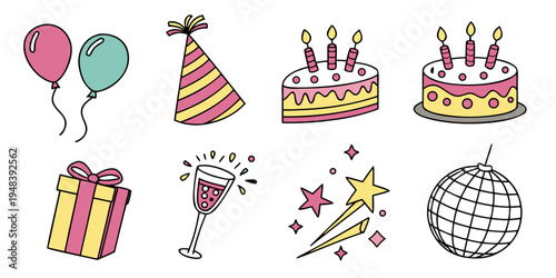 a set of colorful birthday icons and symbols Vector