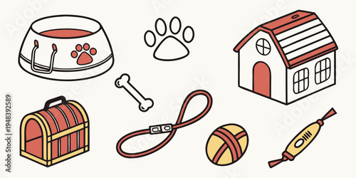 a collection of dog items and toys Vector