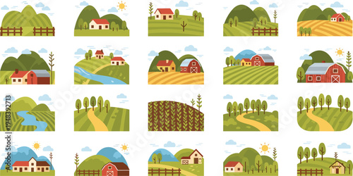 Vector Set of Rural Farm Landscapes with Barns, Fields, Hills, Rivers, and Country Houses for Agriculture and Countryside Illustration