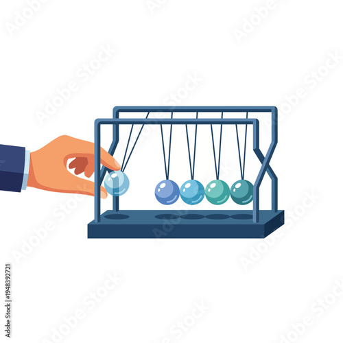 A hand manipulating a Newton's cradle illustrates the principles of physics, motion, and energy transfer in a visually engaging and educational manner within a modern context.