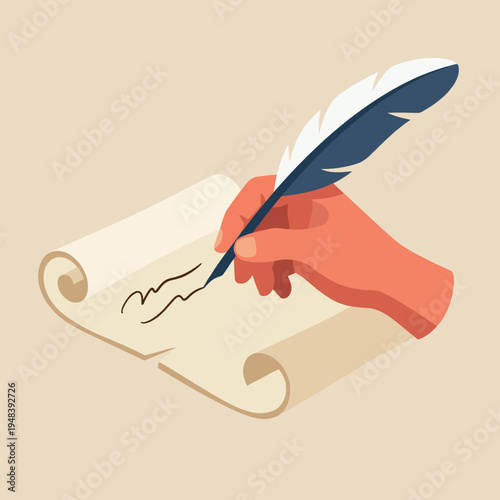 A beautiful hand seen writing on a rolled parchment paper with a feather quill, symbolizing creativity, tradition, and the importance of handwritten communication in our lives.