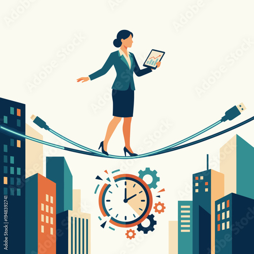 A woman on a tightrope holding a tablet represents the delicate balance of work, time management, and technological advancement in the contemporary business landscape.