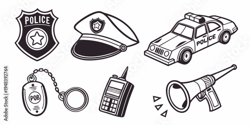 police equipment and vehicle icons Vector