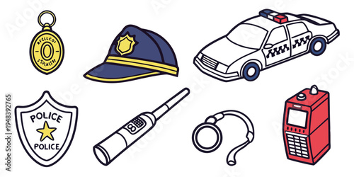 police equipment and vehicle icons Vector