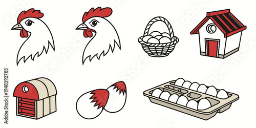 a collection of farm related icons including chickens and eggs Vector