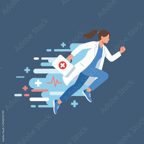 Dynamic illustration of a healthcare professional running with a medical kit, representing urgency and dedication in providing medical assistance in crisis situations.