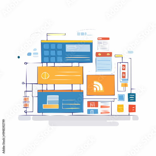 Colorful graphic design elements on screen.