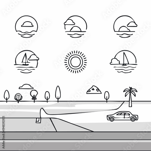 Black and white car on road.