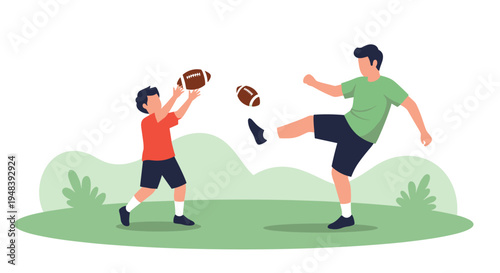 Athletic man and young boy play American football together in green field representing active lifestyle and bond.
