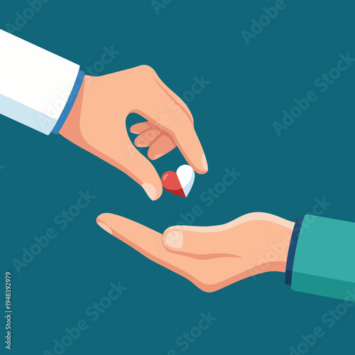 A caring hand passes a heart symbol to another hand, illustrating the essence of compassion and healthcare, representing emotional and medical support.