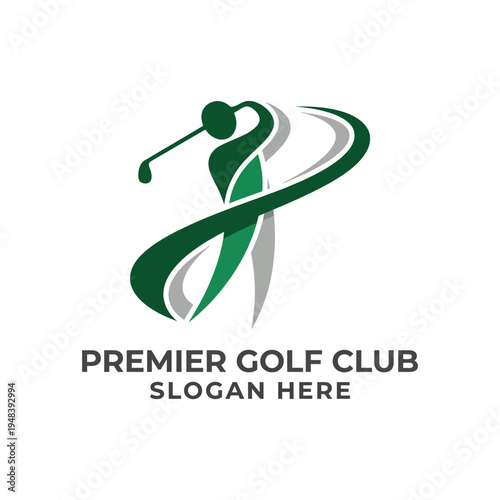 A clean and modern logo design for Premier Golf Club features a golfer silhouette, promoting sportsmanship, elegance, and a vibrant golfing community.