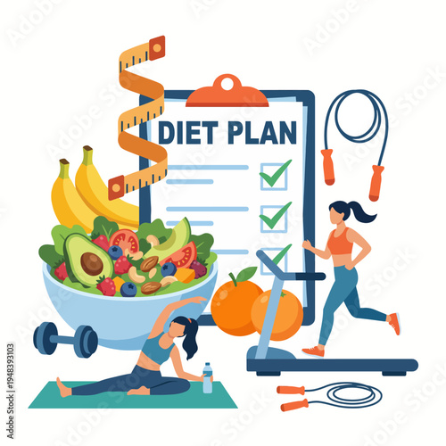 This vibrant mural illustrates the concept of a healthy lifestyle, featuring a diet plan alongside fresh fruits, vegetables, and fitness activities to encourage healthy living choices.