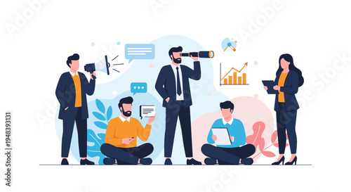 Professional business team collaborates on strategy using megaphone and telescope to visualize future goals.