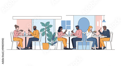 Diverse groups of people enjoy dining together at tables in modern restaurant setting with plants and windows.