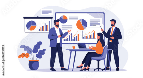 Corporate presentation scene where male executive explains financial charts on large screen to attentive colleagues.