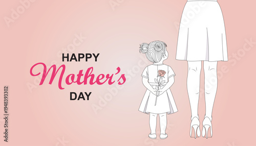 Happy mothers day greeting card with illustration of mother and child on pink background