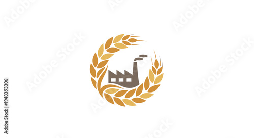 Industrial Factory Building with Wheat Wreath Logo on Isolated White Background