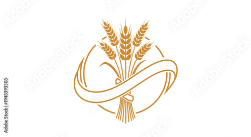 Elegant Wheat Grain Bundle with Ribbon Logo on Isolated White Background