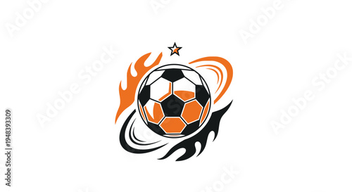 Energetic Football Soccer Ball with Swirling Flames and Star Logo on Isolated White Background