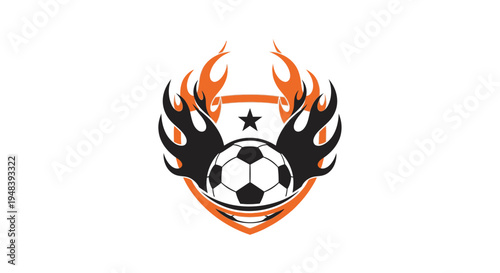 Dynamic Football Soccer Ball with Flames and Star Shield Logo on Isolated White Background