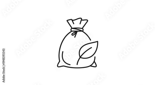 Line Art Flour Sack with Leaf Icon on Isolated White Background