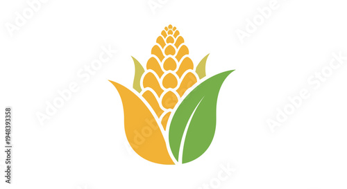 Fresh Corn Cob Logo with Green Leaves on Isolated White Background