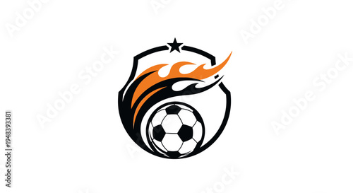 Flaming Soccer Ball in Shield with Star Dynamic Sport Team Logo on Isolated White Background