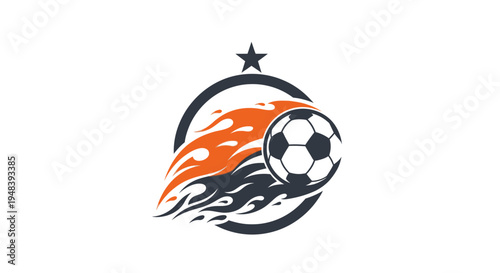 Dynamic Soccer Ball with Fire Flames and Star in Circle Sport Logo on Isolated White Background