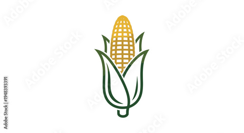 Fresh Yellow Corn Cob with Green Husk Leaves Natural Agriculture Logo on Isolated White Background
