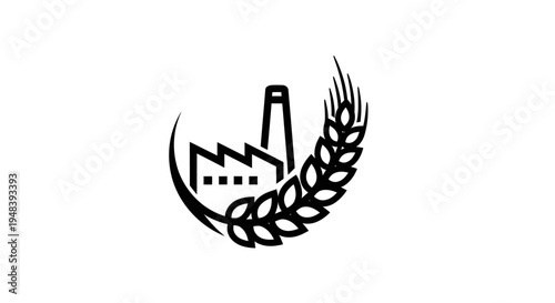 Monochrome Factory Building with Wheat Grain Agriculture Industrial Logo on Isolated White Background