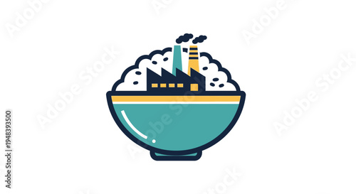 Industrial Food Processing Plant and Grain in a Blue Bowl Icon on Isolated White Background