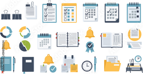 Vector Set of Office Planning and Task Management Icons with Calendars, Checklists, Documents, Notifications, and Productivity Workflow Elements