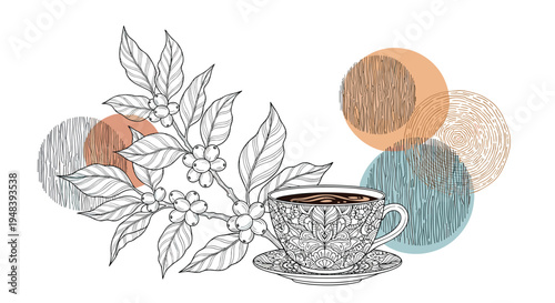 Artistic sketch of ornate coffee cup next to detailed coffee plant branch with leaves and berries in retro style.