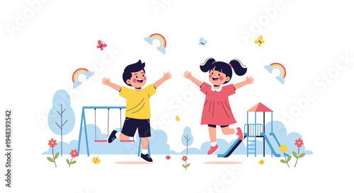 Cheerful boy and girl jump with excitement on colorful playground with slide and swings under rainbow sky.