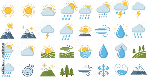 Vector Set of Weather Icons with Sun, Clouds, Rain, Thunderstorm, Wind, Snowflake, Mountains, and Climate Forecast Symbols