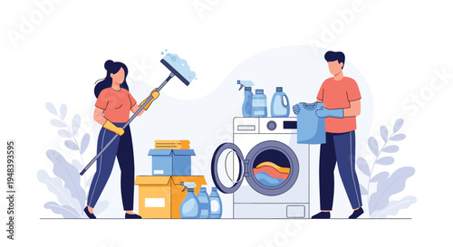 Young couple works together on household chores like laundry and cleaning in modern domestic home environment.